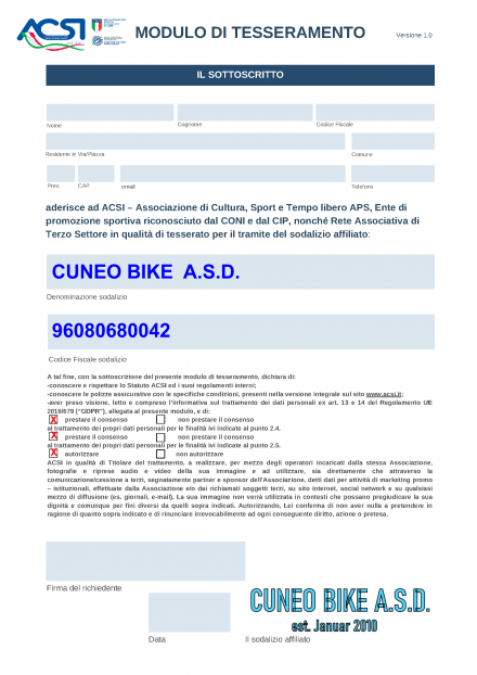 Richiesta tesseramento ACSI tramite iscrizione alla Cuneo Bike ASD - A.S.D. CUNEO BIKE
